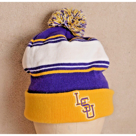 LSU Fighting Tigers Knit Cap with Pom-Pom Purple & Gold Embroidered Winter Hat - Picture 2 of 11